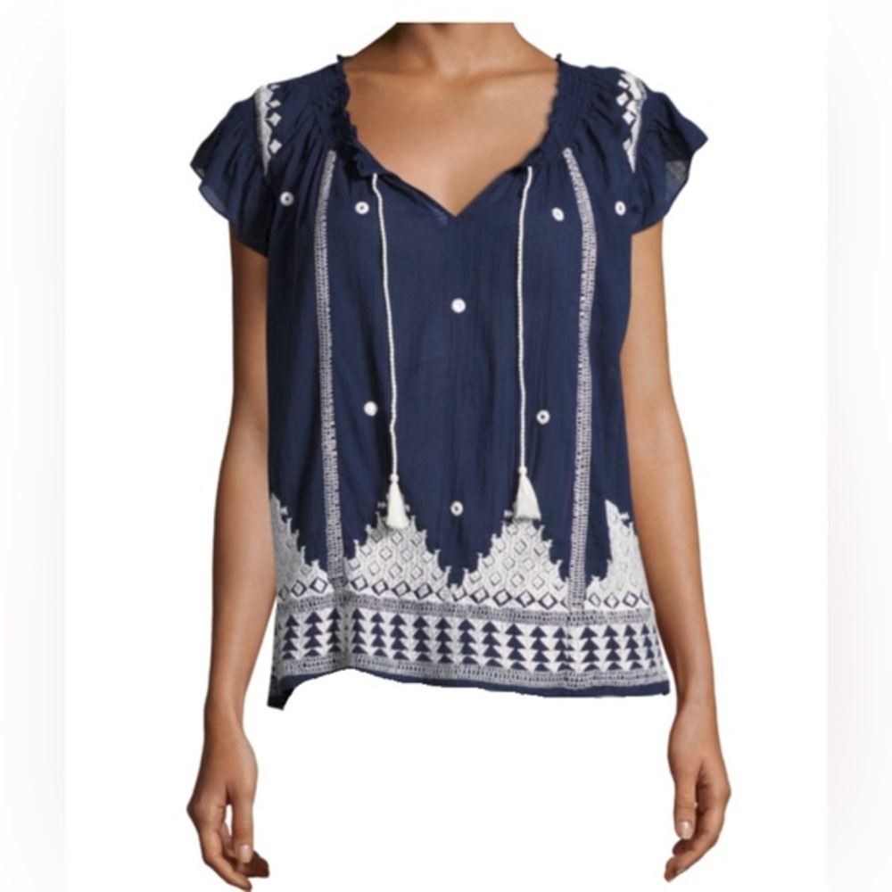 Joie Mirena Blue & White Split Neck Blouse EUC Size M